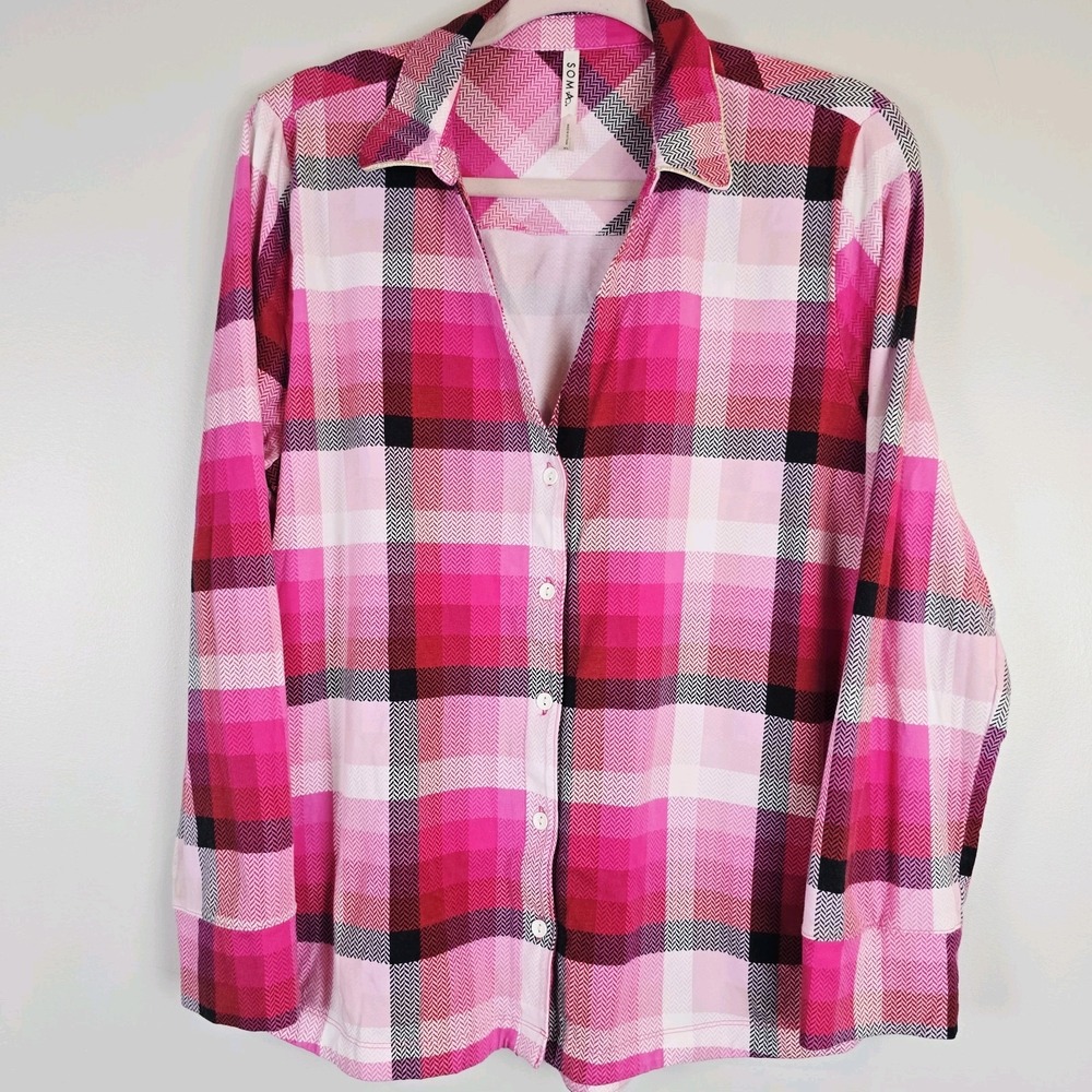SOMA Pajama Top Button Up Long Sleeve Plaid ‎ Pink Cotton Spandex Sz XL.D55
